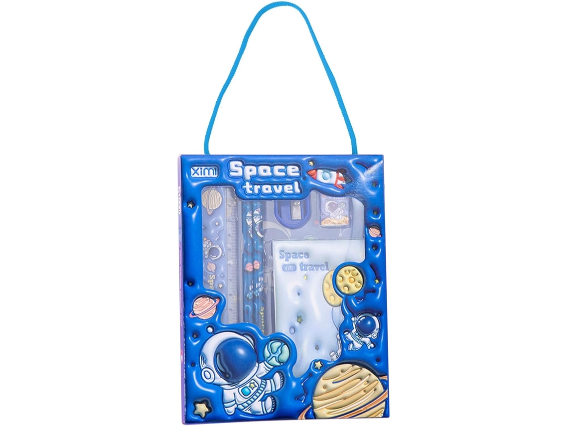 Kit Escolar Ximi para Viagem Espacial, Conjunto de Papelaria Infantil, Pacote com 6 Materiais Escolares, Novo
