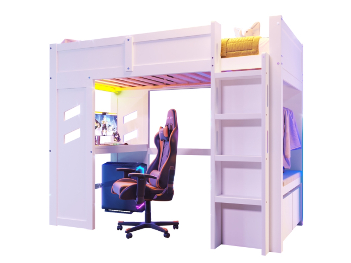 Cama Alta, 90x200cm, Cama Gamer Com Escrivaninha, Equipada Com Luzes Led, 1 Porta Usb, 1 Porta Type-c, Escada, Escrivaninha, Gaveta, Branca