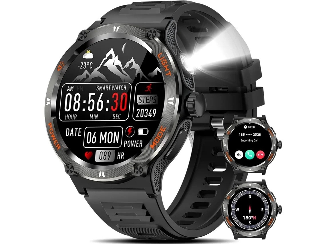Smartwatch Bestvite Kt76 Robusto Masculino De 1,53 Polegadas Com Luz Led Forte 3 Modos De Lanterna 500mah - Preto