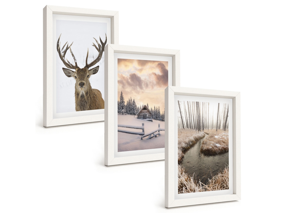 Composição De Quadros Paisagem De Inverno, Veado, Chalé Espelharte (3 Peças 20x30 Cm)