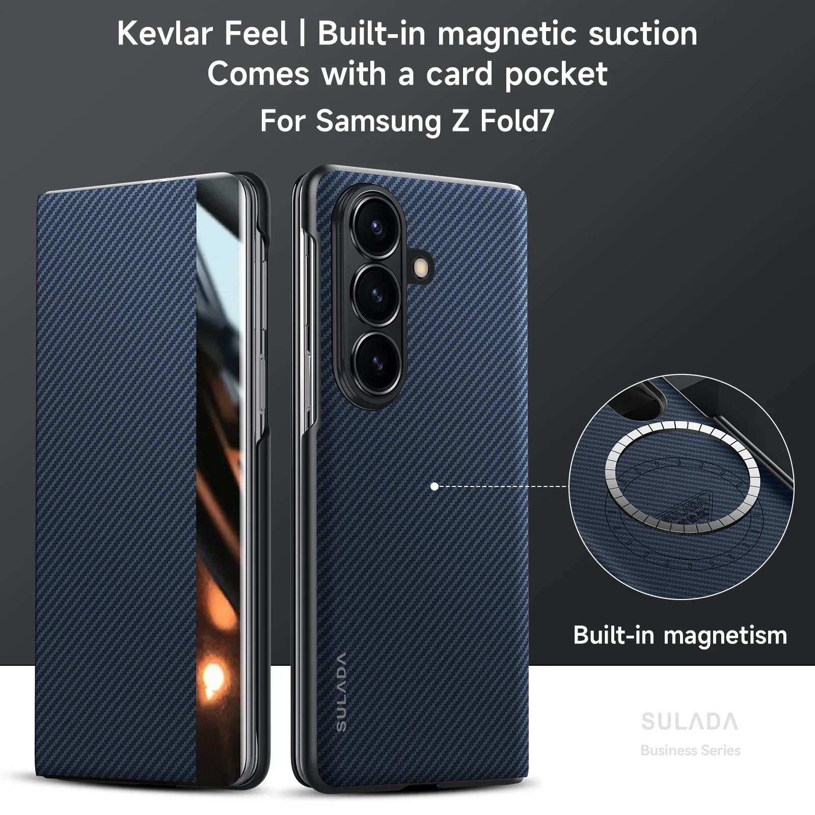 Capa Magnética Para Celular Samsung (azul, Galaxy Z Fold7) Em Couro Com Textura De Fibra De Carbono