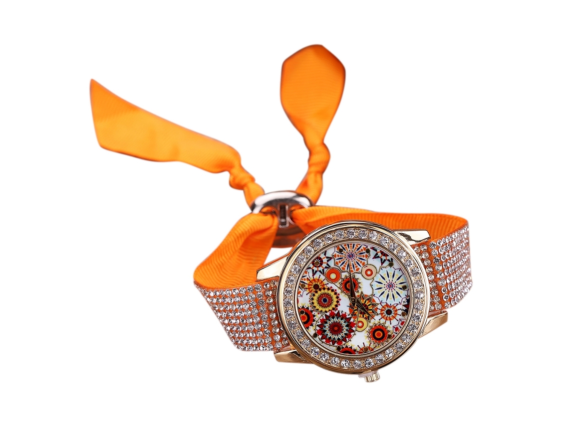 Relógio de Pulso Feminino de Quartzo com Pulseira de Tecido e Strass Laranja