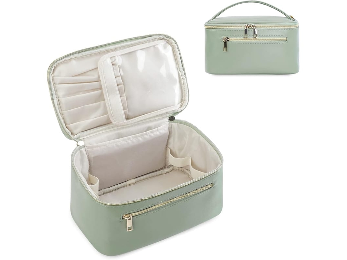 Bolsa De Maquiagem Com Compartimento Para Pincéis, Grande, Couro Vegano Com Alça, Verde Verde