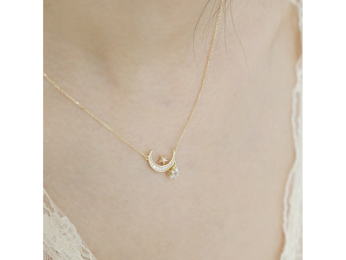 Colar de Estrela e Lua S925 em Prata Pura, Elegante e Versátil, Colar para o Pescoço MDUG (prata Dourada)