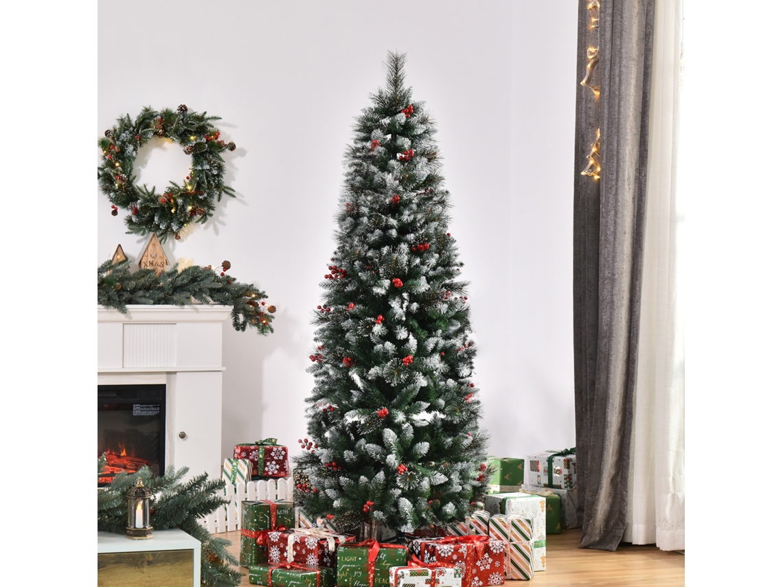 Árvore de Natal coberta de neve com bagas vermelhas, base removível e dobrável, 539 ramos, Φ70x180cm, verde
