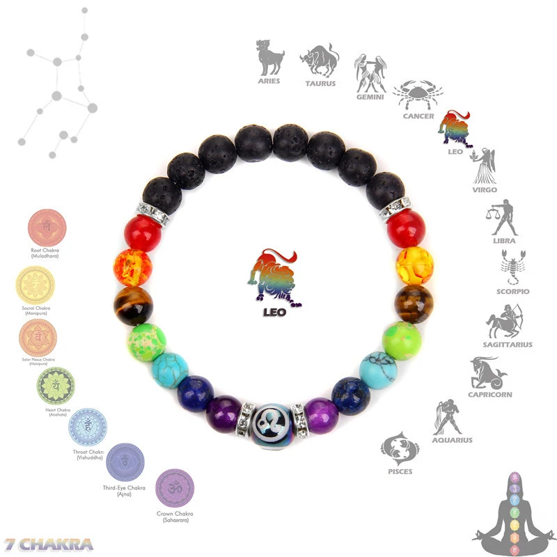 Pulseira Dos Sete Chakras com Contas de Pedra Natural, Pulseira Dos Doze Signos do Zodíaco, Cura com Cristais Reiki MDUG (leão)