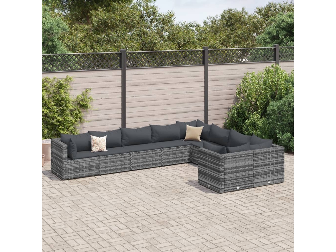Vidaxl 9 Pcs Conjunto Sofás P/ Jardim com Almofadões Vime Pe Cinzento