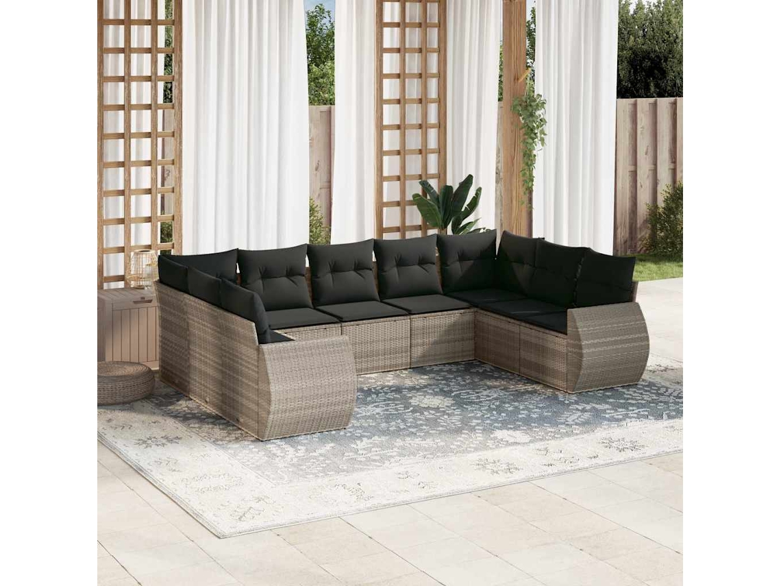 Vidaxl 9 Pcs Conj. Sofás Jardim Com Almofadões Vime Pe Cinzento-claro