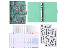 A6 Business Notebook, Cashew Style Macaron Loose Leaf Planner, Green, With 12-budget Cards, 8-zipper Bags 2-word