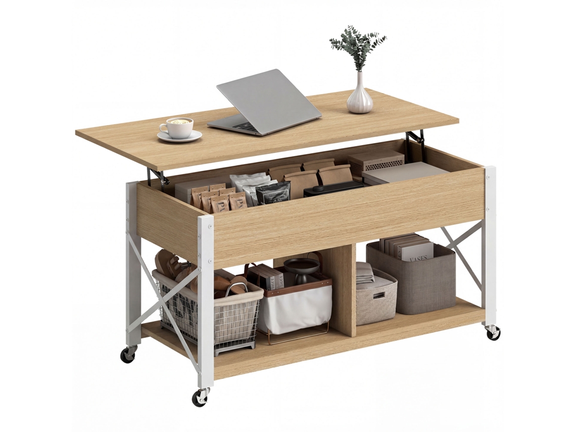 Mesa De Centro Elevatória Com Rodas Compartimento Oculto E Prateleiras Abertas 105x50x67 Cm Madeira E Branco
