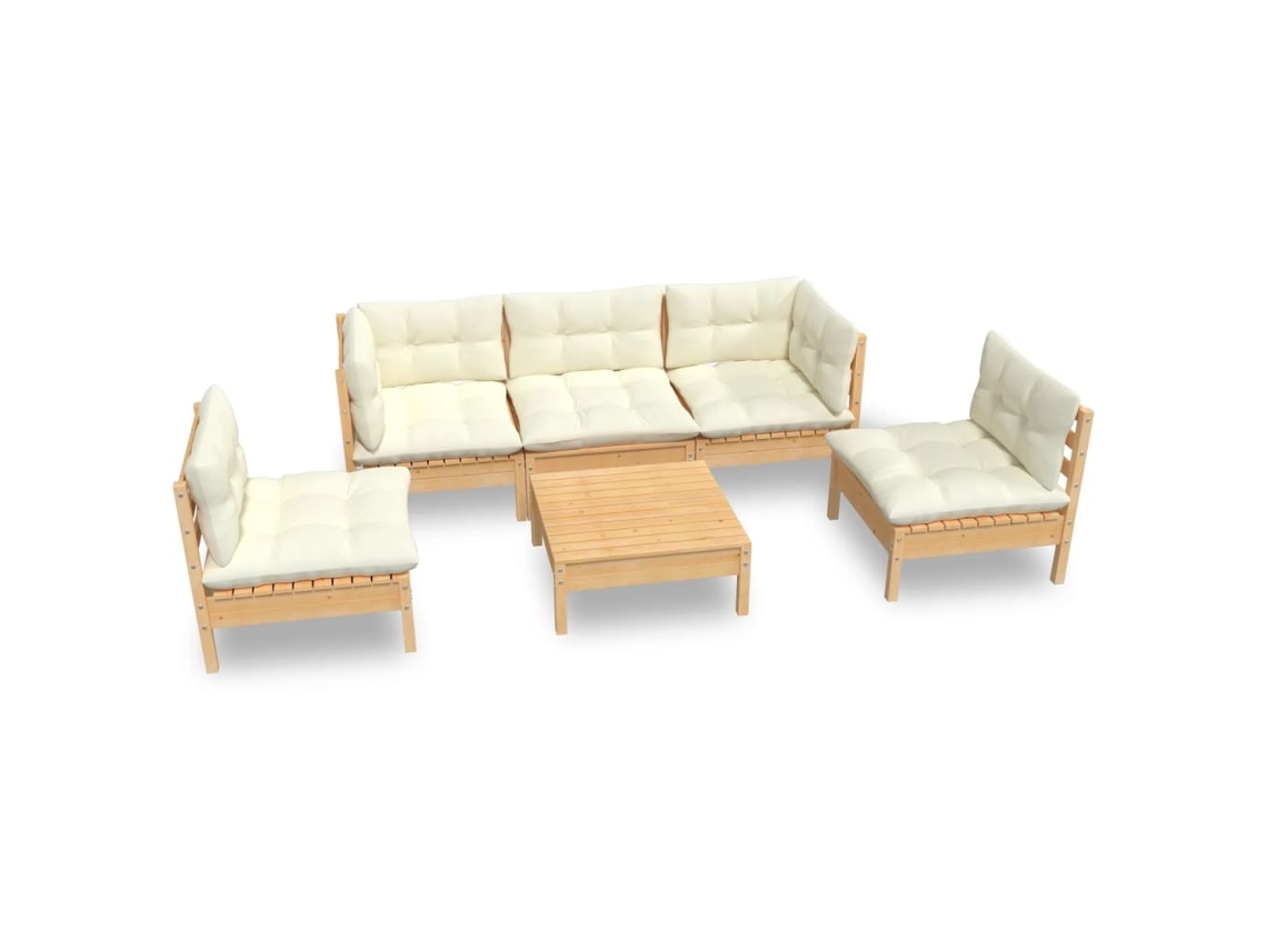 Conjunto de 6 Lounge Jardim com Almofadões Creme Pinho Maciço MAISON EXCLUSIVE