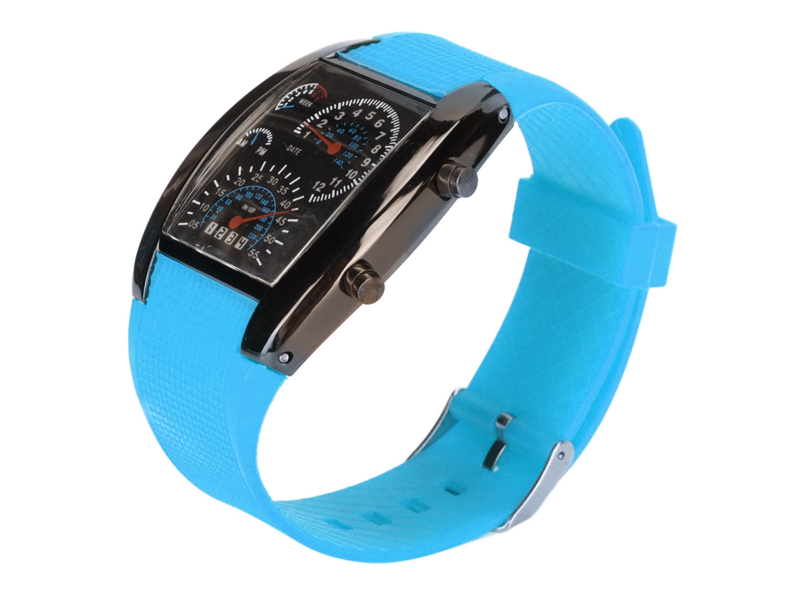Relógio Eletrônico Led Digital Pulseira Azul Claro Ajustável Design de Tabuleiro de Corridas