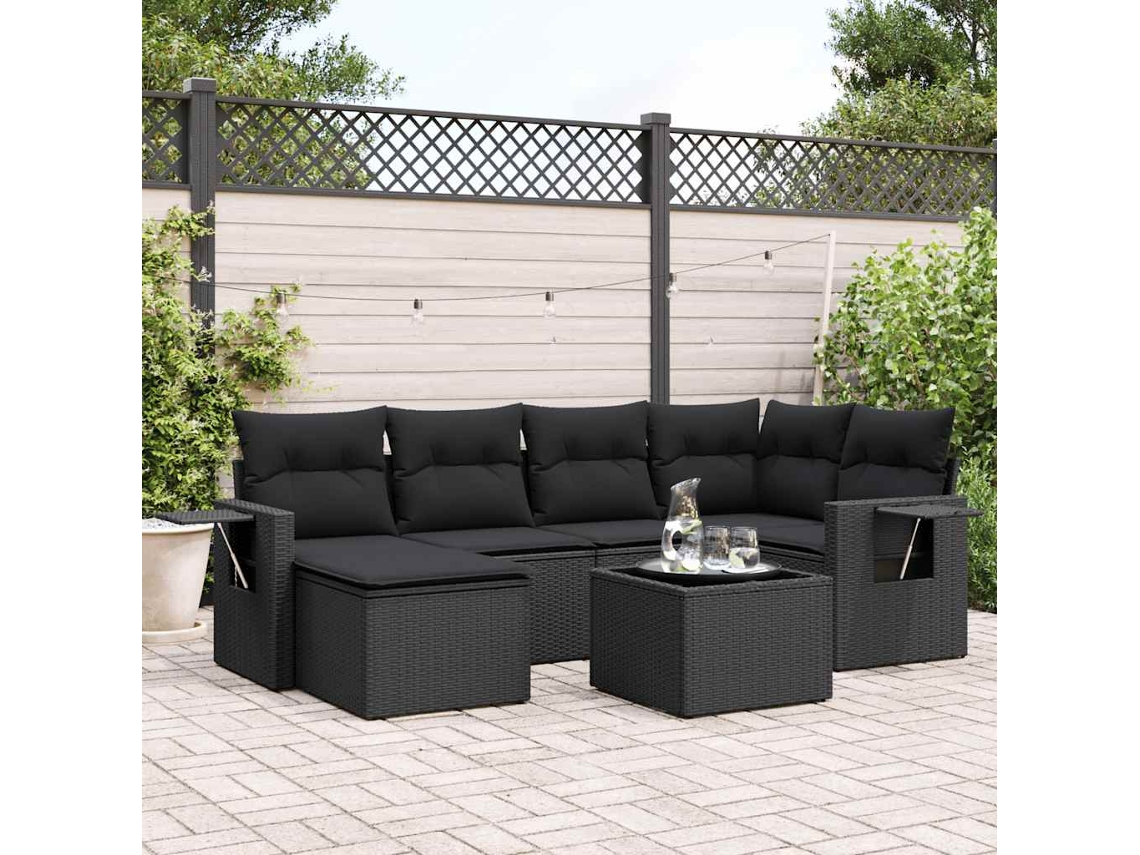 Vidaxl 7 Pcs Conjunto De Sofás P/ Jardim C/ Almofadões Vime Pe Preto