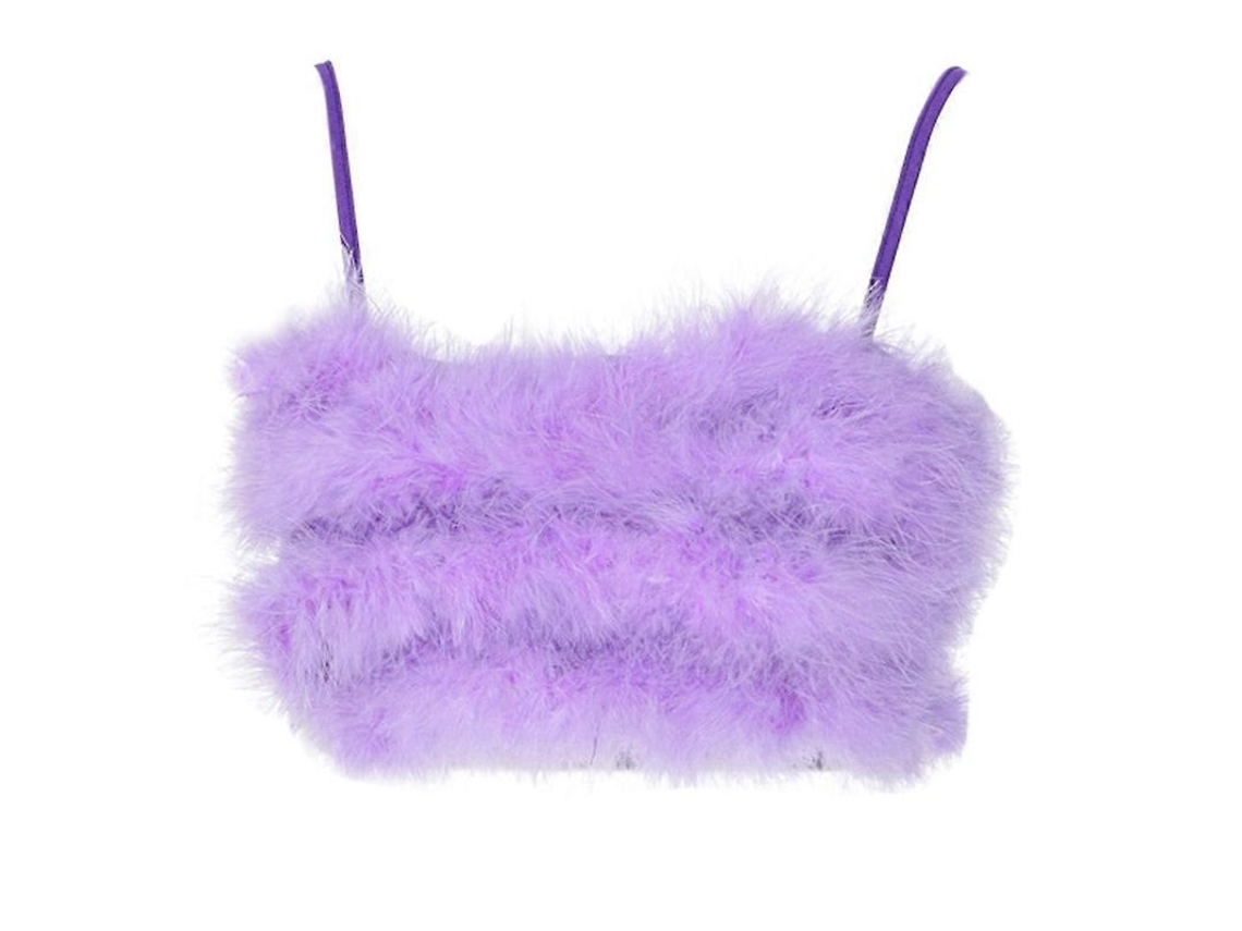 Top Crop Sexy para Mulher com Alcinhas Finas e Penas Fluffy Camisola Bralette Branco L S Morado