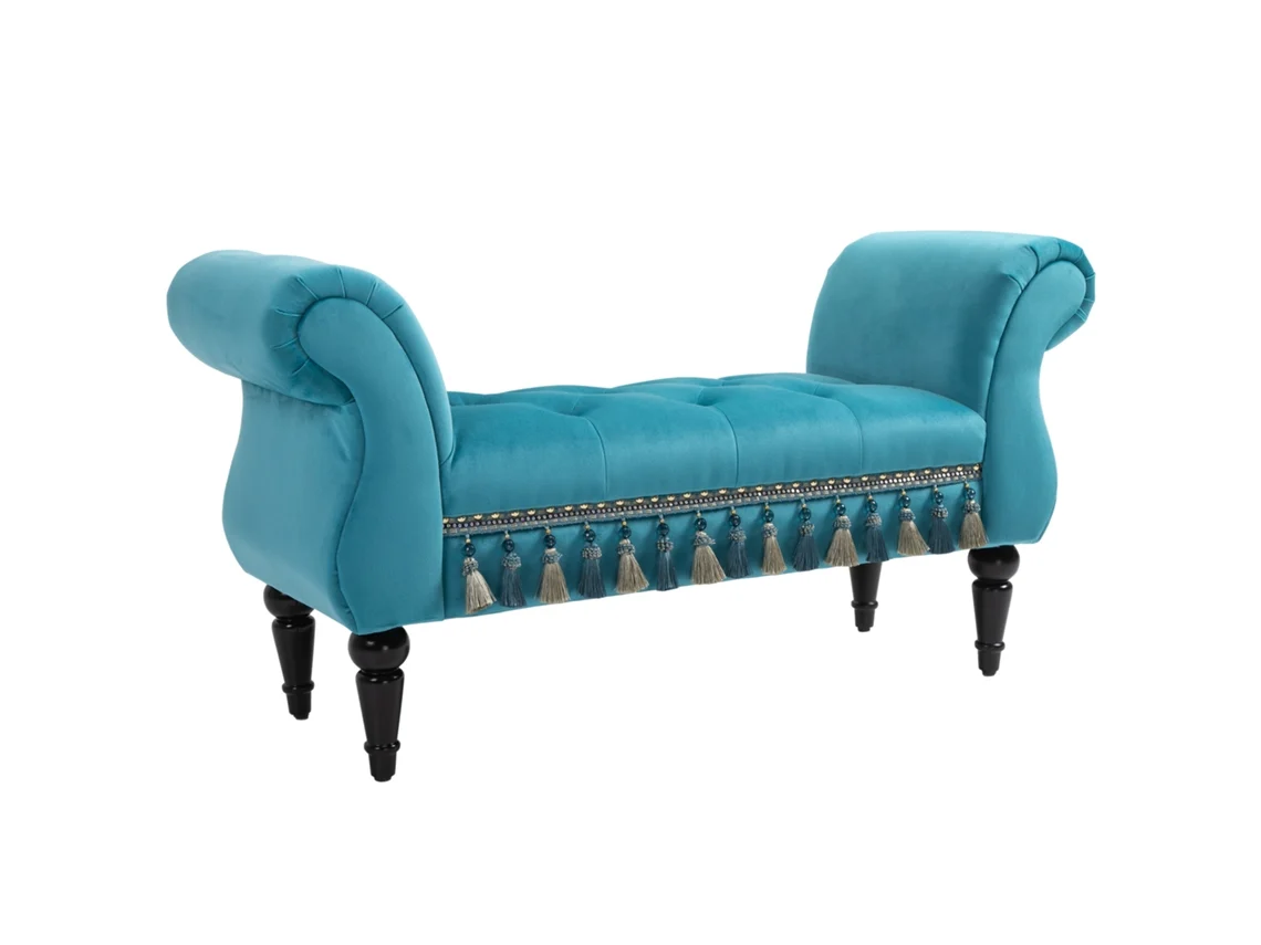 Banco Estofado Luxo Poliéster Espuma Azul 117x40x58 Cm Elegante