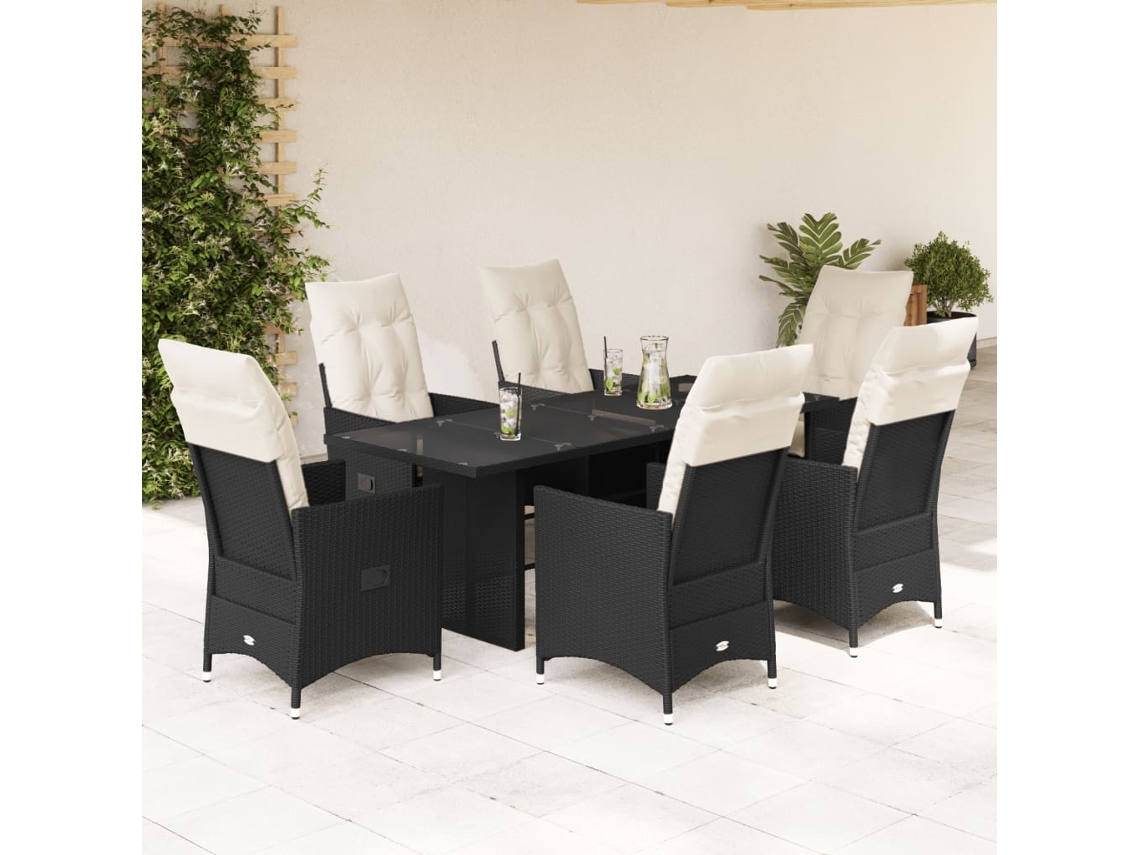 Conjunto 7 Peças Jantar P/ Jardim C/ Almofadões Vime Pe Preto Dkd Home Decor