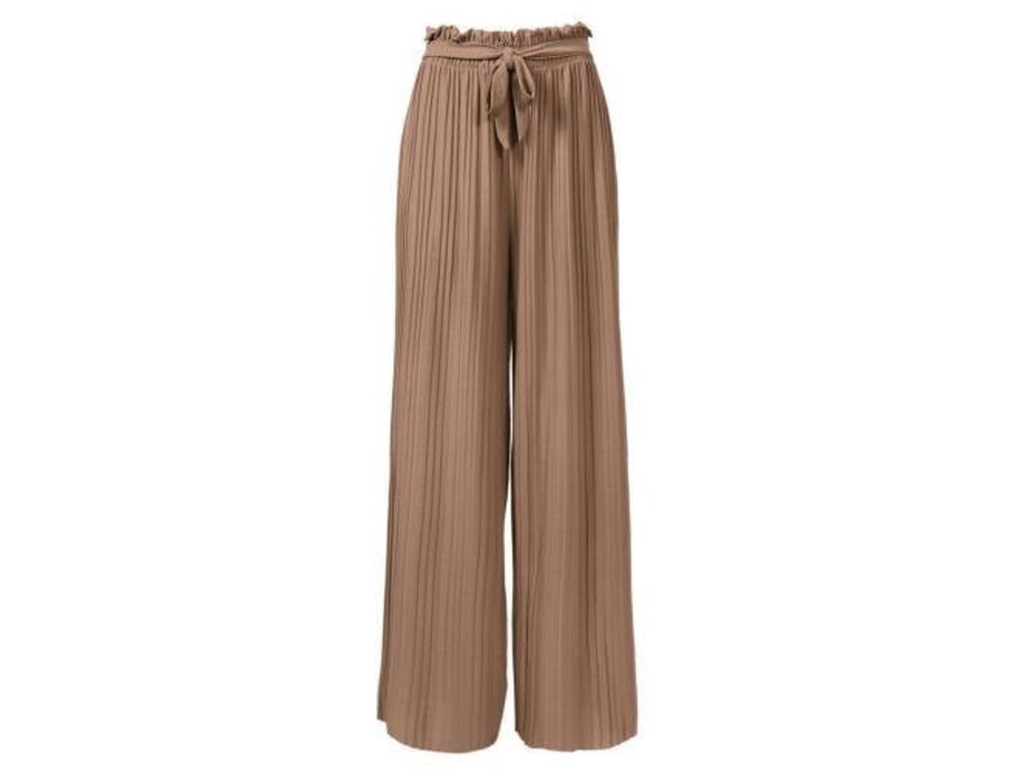 Calça Palazzo Feminina Rebe em Chiffon com Zíper e Pregas, Tamanho P, Cáqui