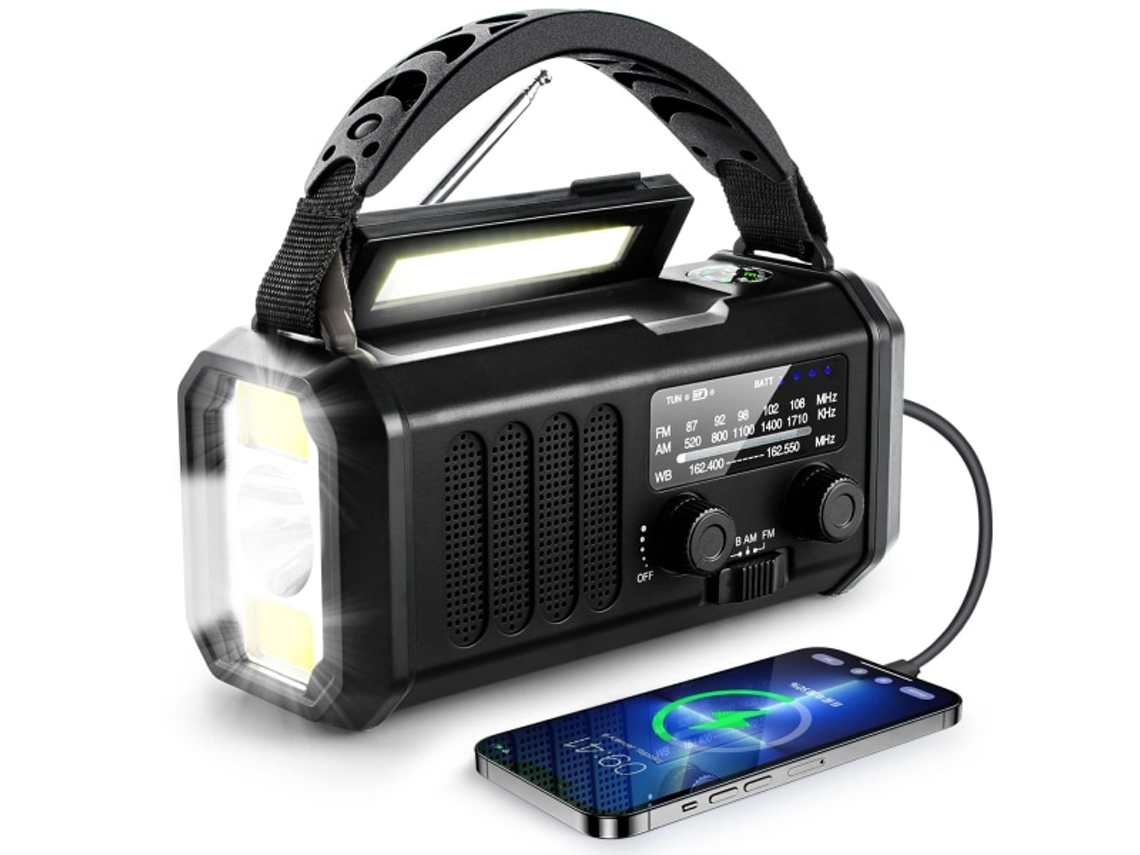 Rádio de Emergência AQUAFORGE 10000mah solar am/fm previsão do tempo lanterna com carregamento usb c
