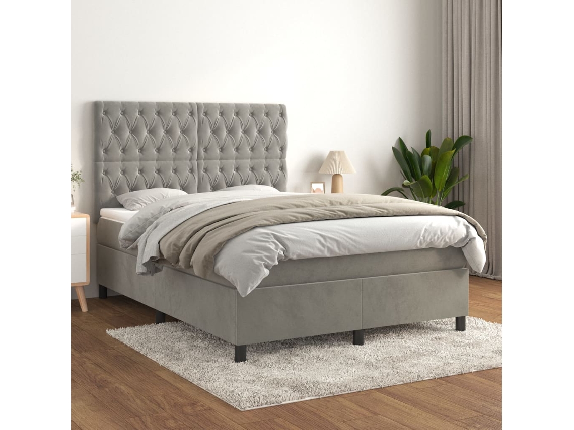Cama Com Molas/colchão 140x190 Cm Veludo Cinzento-claro