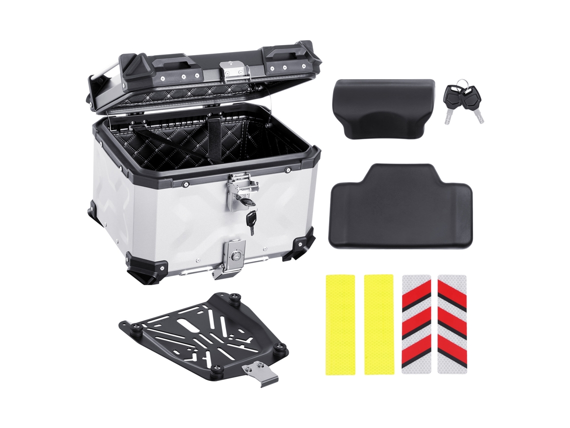 Baú para Motocicleta, Universal, Liga de Alumínio, com Forro Couro, Impermeável, 45 L, Fechadura e Almofada Traseira, 99 Dos Quadros 435 X 378 348 Mm