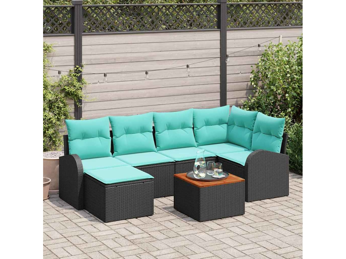 Vidaxl Conjunto De Sofá De Jardim 7 Pcs Preto E Turquesa Vime Pe