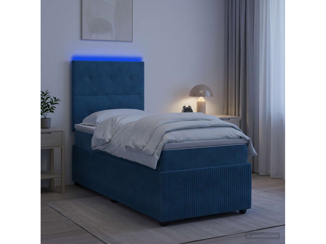 Vidaxl Cama Box Com Led E Colchão Azul 100 X 200 Cm Veludo