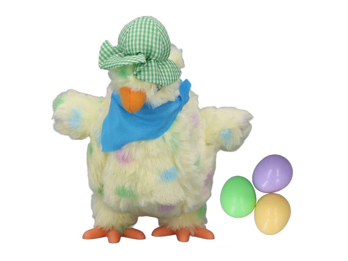 Ats brinquedo Elétrico de Pollo de Pelúcia Que Põe 3 Ovos com Música e Dança, 30cm, Amarelo Claro com Pontos para Crianças
