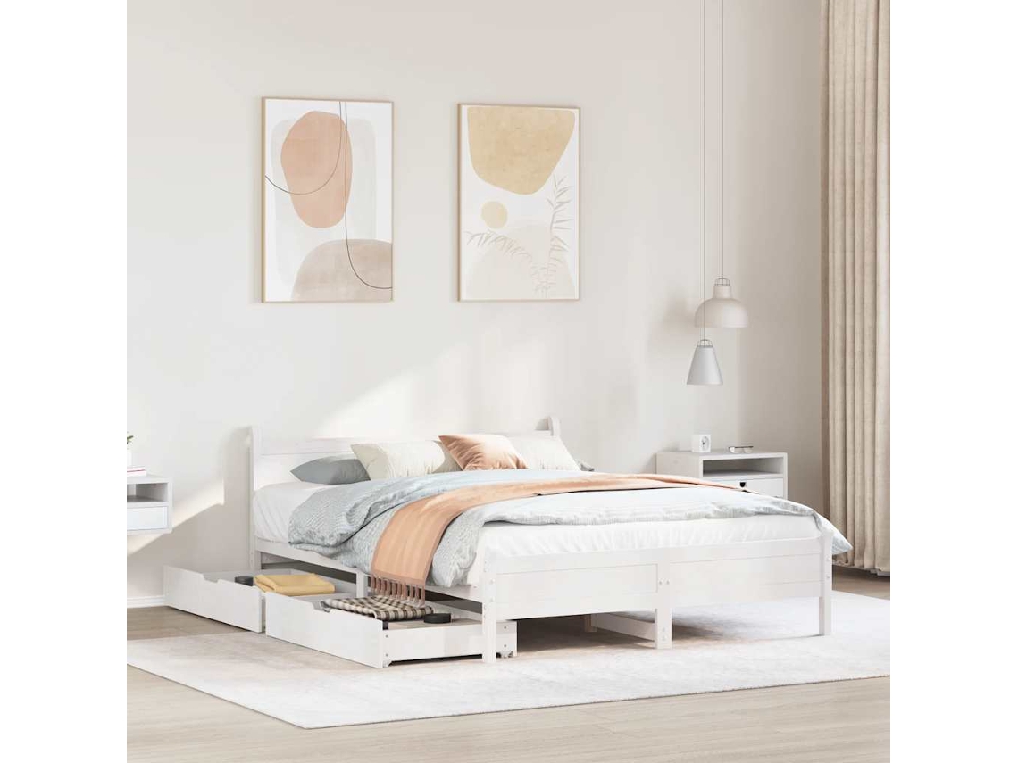 Vidaxl Cama Sem Colchão 135x190 Cm Madeira de Pinho Maciça Branco