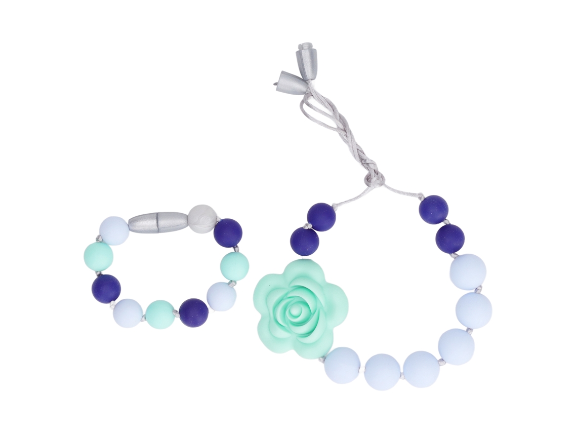 Mali colar e Pulseira de Mordedor em Silicone Rosa para Bebê com Contas Azul Cinza Claro