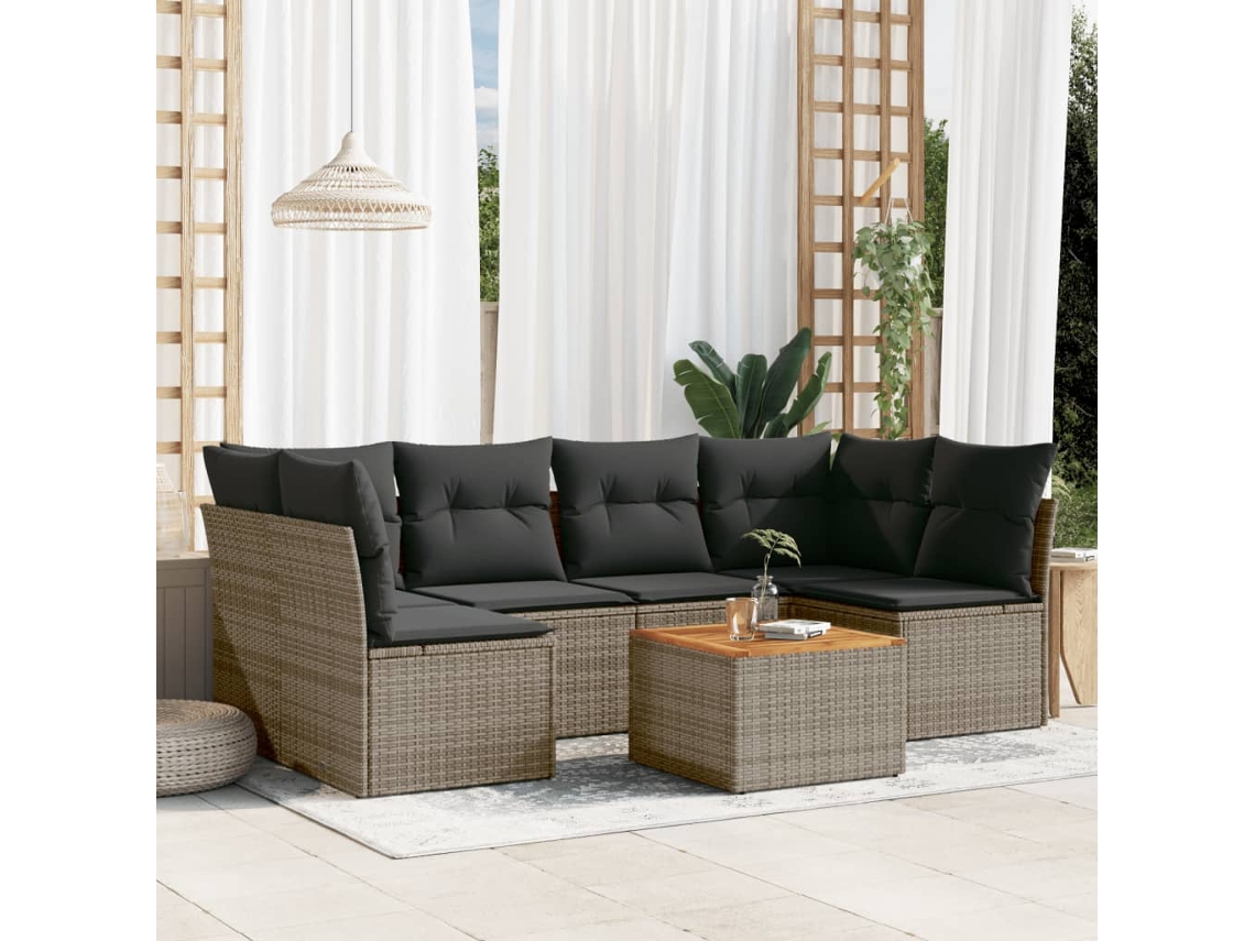 Vidaxl 7 Pcs Conjunto Sofás P/ Jardim C/ Almofadões Vime Pe Cinzento