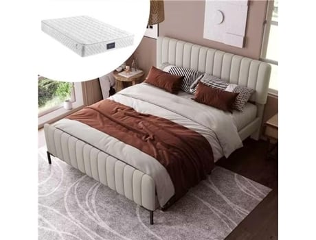 Cama Com Colchão De Solteiro E Cabeceira Estofada Quadro Ripado Quartos Arhatreya Linho Bege (160x200cm)