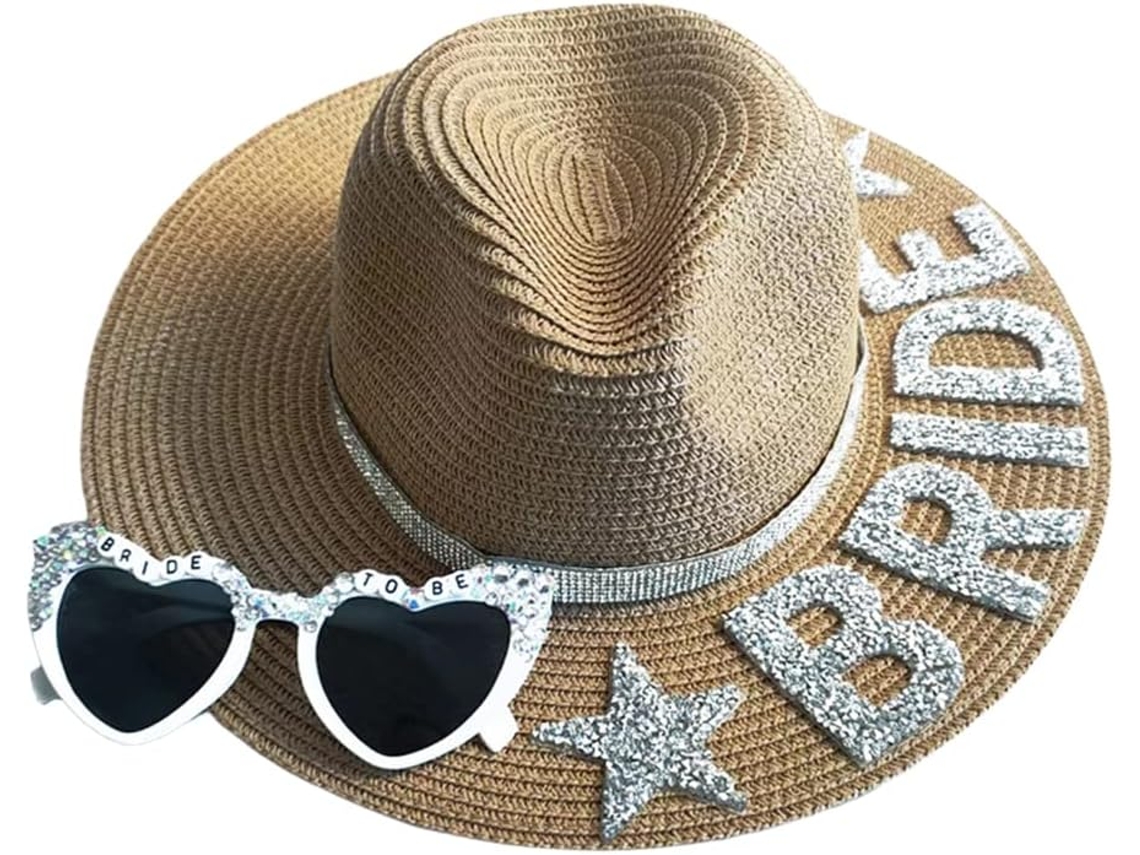 Conjunto de óculos de sol com chapéu de palha e cristais delicados para chá de panela.