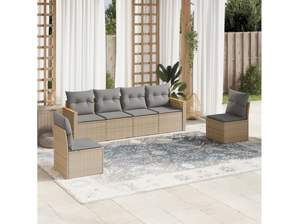 Vidaxl 6 Pcs Conjunto De Sofás P/ Jardim Com Almofadões Vime Pe Bege