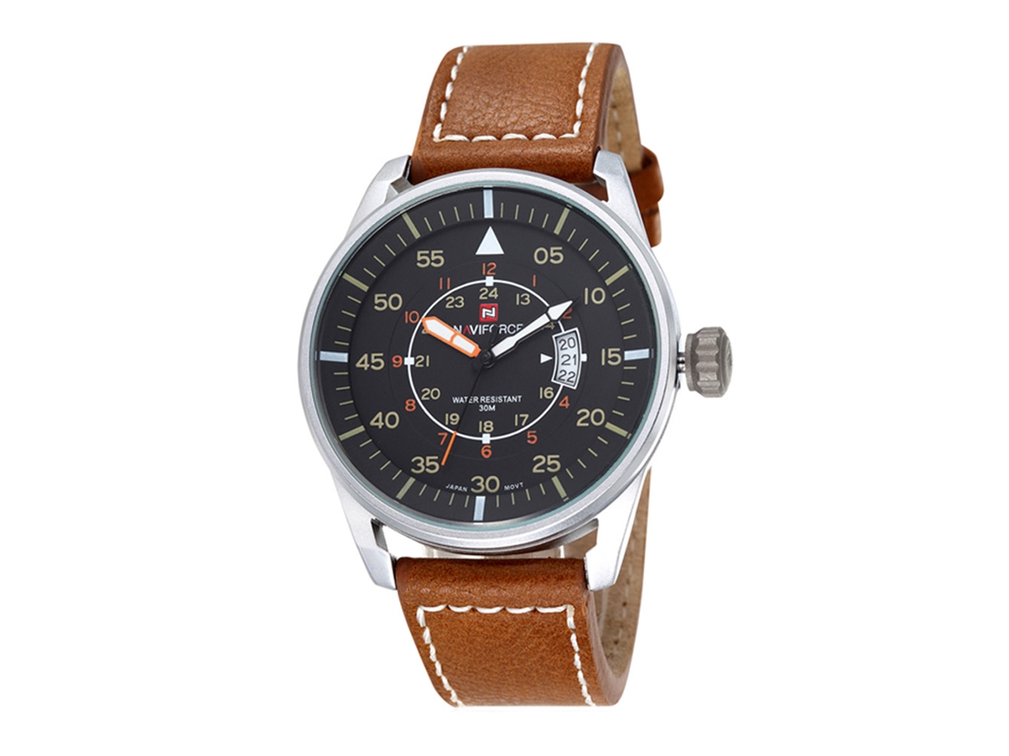 Relógio Masculino de Quartzo com Pulseira de Couro Pu 3atm Resistente À Água e Calendário Branco Café