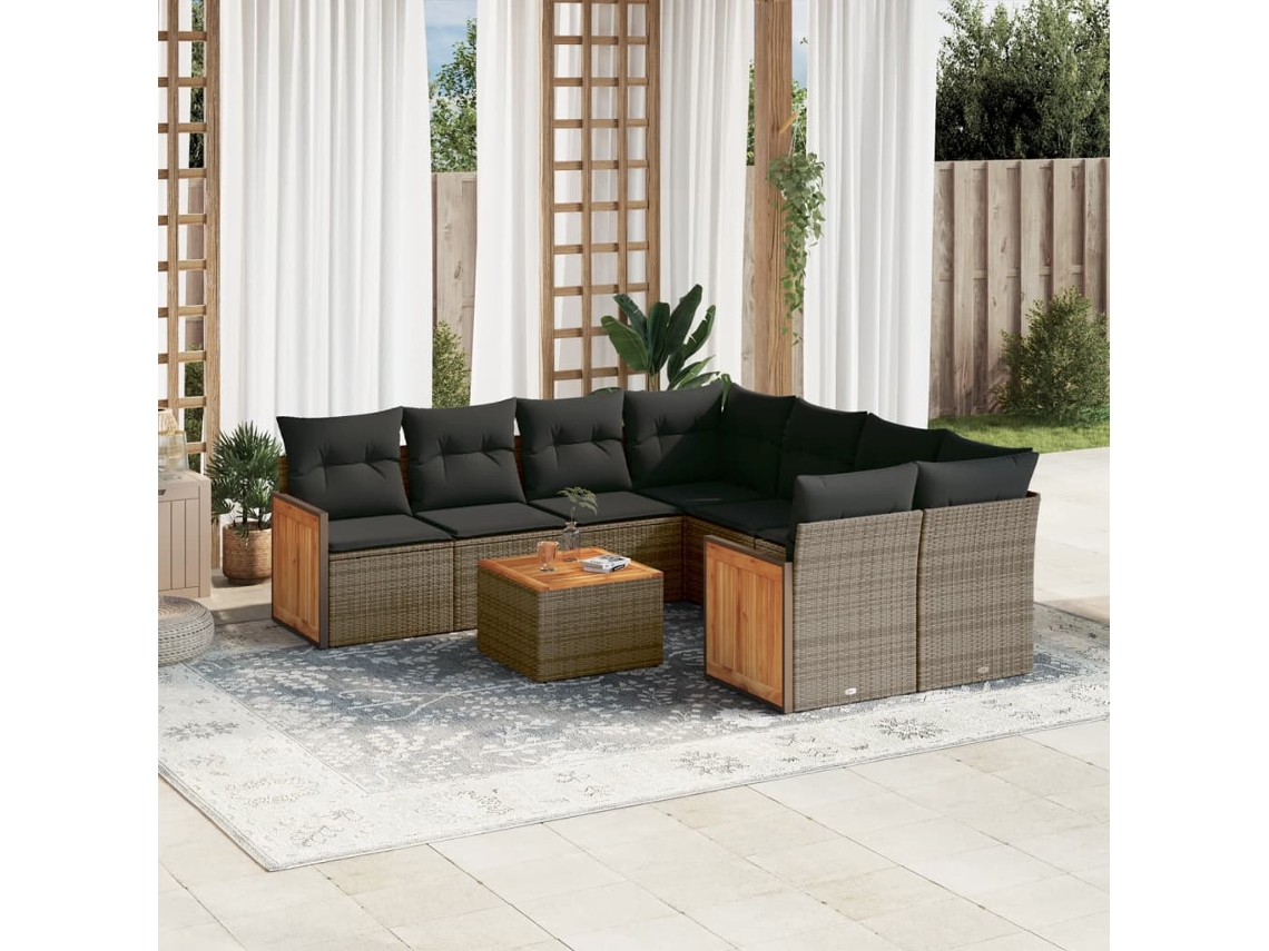 Vidaxl 9 Pcs Conjunto Sofás P/ Jardim Com Almofadões Vime Pe Cinzento