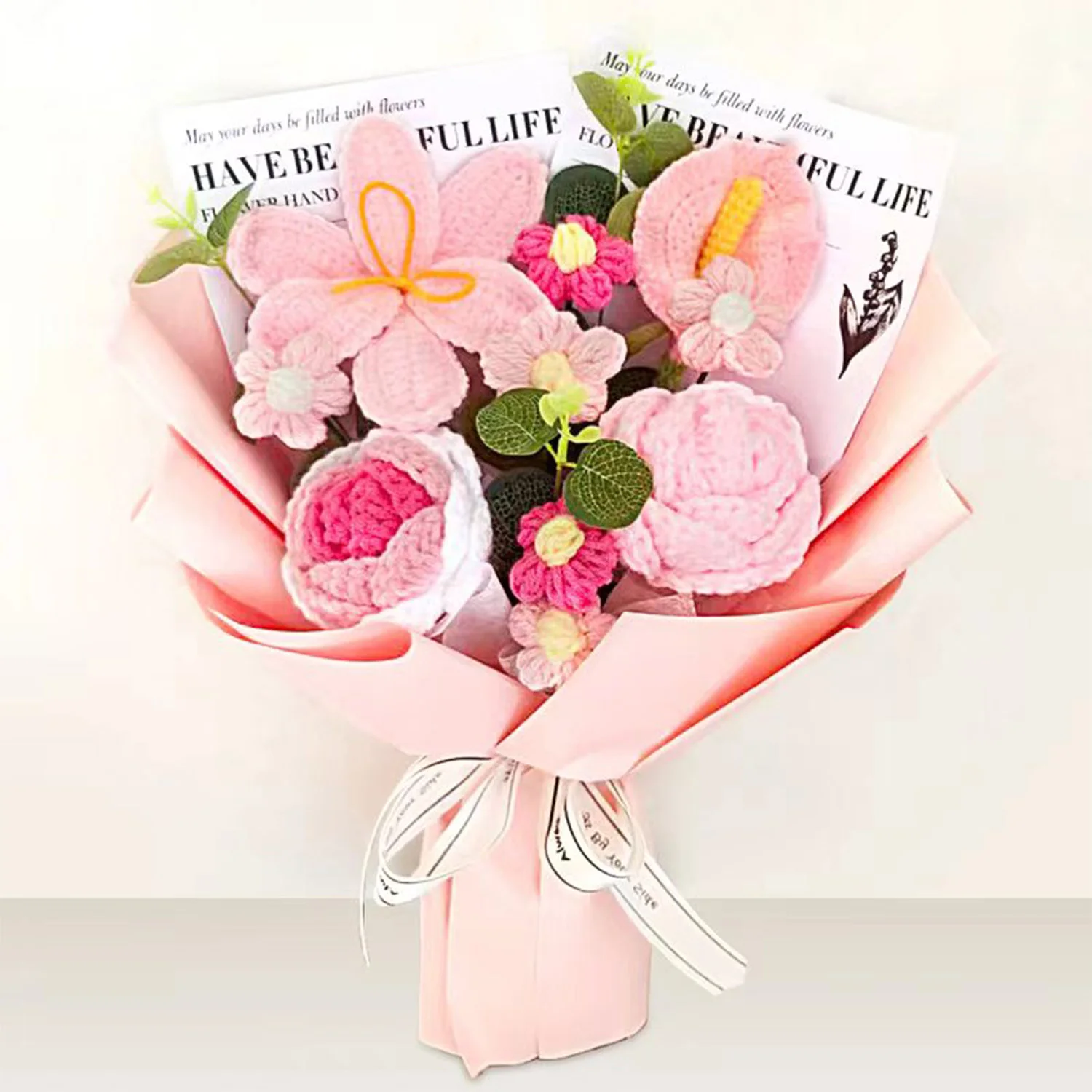 (rosa) Buquê Feito À Mão Em Crochê, Buquê De Tulipas Tricotado, A Escolha Perfeita Para Presente.
