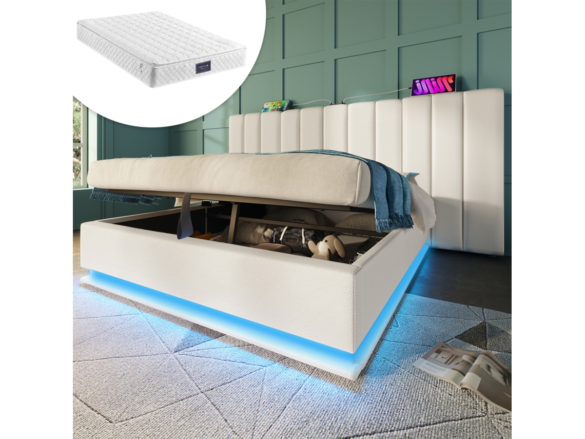 Cama Box 160×200 Com Led Controle App Usb-c Carregamento Colchão Branco