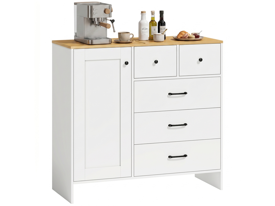 Aparador De Cozinha Com 5 Gavetas E Porta, Estilo Rústico, 100 X 40 X 94 Cm, Branco.