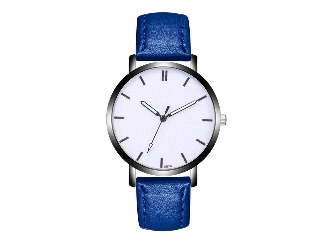 Relógio de pulso masculino em liga metálica azul royal com mostrador redondo e movimento de quartzo analógico.