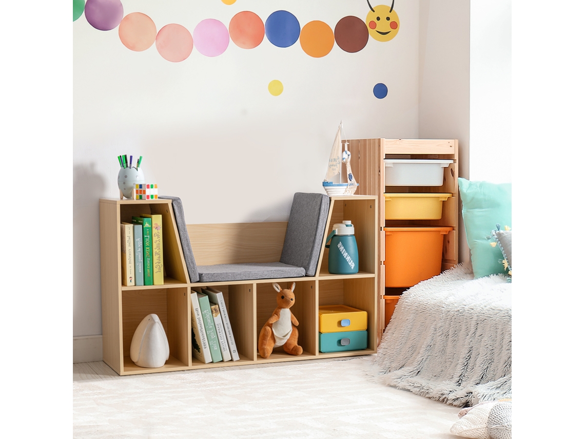 Prateleira Infantil 2 Em 1 Com Banco Estofado, 103x30x62 Cm, Branco E Cinza