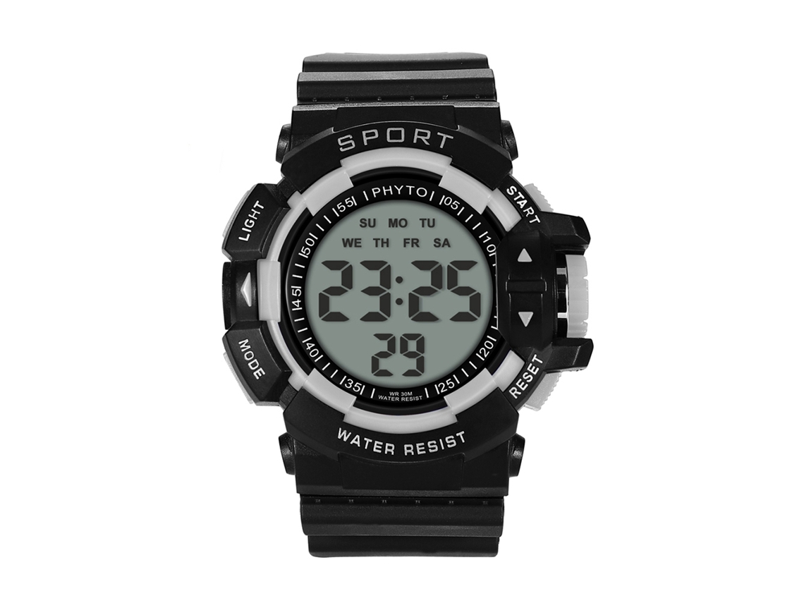 Relógio esportivo eletrônico masculino com cristal digital e pulseira branca moderna.