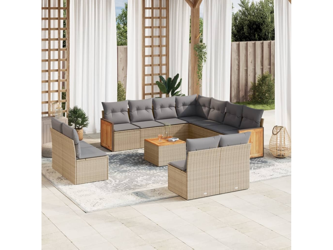 Vidaxl 12 Pcs Conjunto De Sofás P/ Jardim Com Almofadões Vime Pe Bege