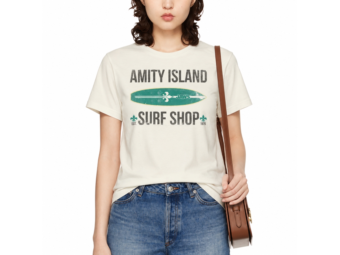 Rockinstone Jaws Movie Surf Shop Solid Natural Adult T-shirt Size:s