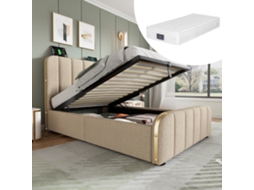 Cama Solteiro Polsterbett 90x200cm Bege Com Usb-c E Cabecote Dourado