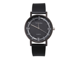 Relógio de pulso masculino de quartzo com pulseira de malha e mostrador redondo com numerais romanos, estilo fashion, preto.