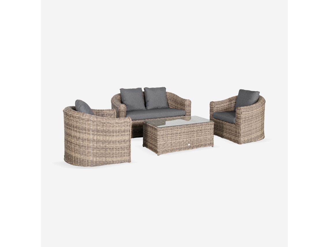 Conjunto De Mobiliário De Jardim Redondo Em Resina Tecida, 4 Lugares, Bege E Antracite