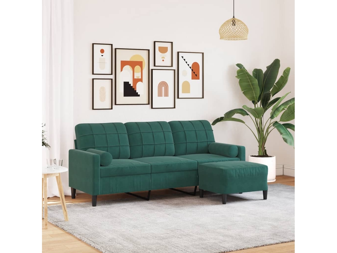 Vidaxl Sofá De 3 Lugares Com Apoio De Pés 180 Cm Veludo Verde-escuro