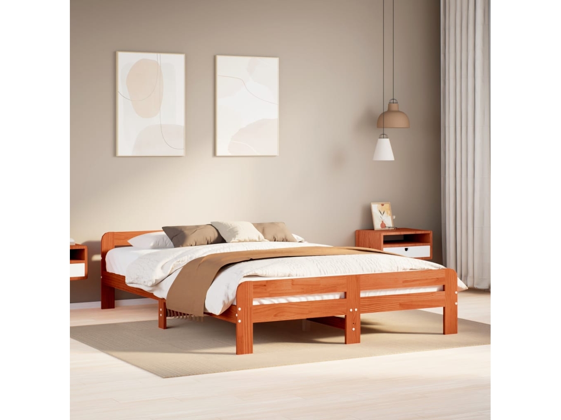 Cama Sem Colchão 150x200 Cm Madeira Pinho Maciça Castanho-mel