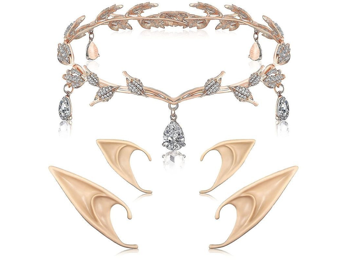 Diadema de Hoja com Pedras Rhodas e Orelhas de Elfo para Boda, Fiesta, Cosplay, Noiva, Prom (oro Rosa) | S/MARCA