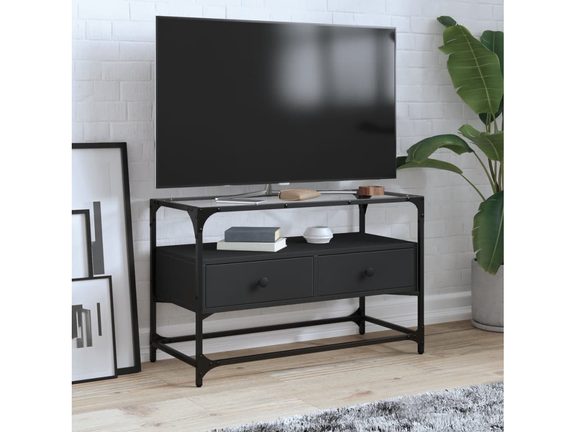 Vidaxl Móvel de Tv C/ Tampo Vidro 80x35x51 Cm Derivados Madeira Preto